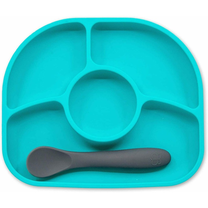 Set de hranire, Bbluv, Yumi, Farfurie compartimentata si lingurita, Cu 4 compartimente, Fara BPA, Aqua
