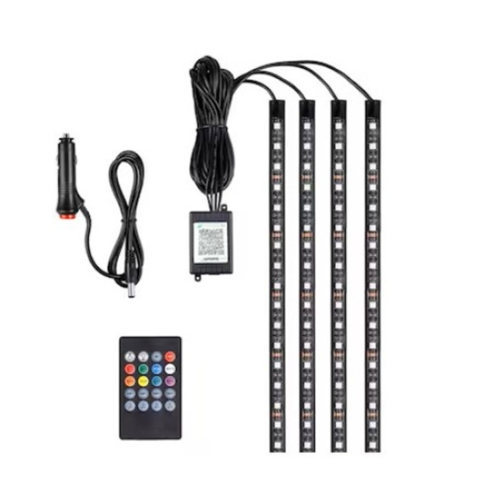 Kit iluminare ambientala auto Miromoto® banda LED RGB, interior masina, multicolor, 12V, cu telecomanda