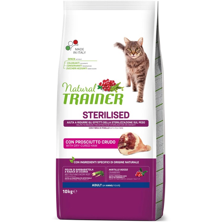 Суха храна за котки Natural Trainer, Sterilized, Prosciutto Crudo, 10 кг