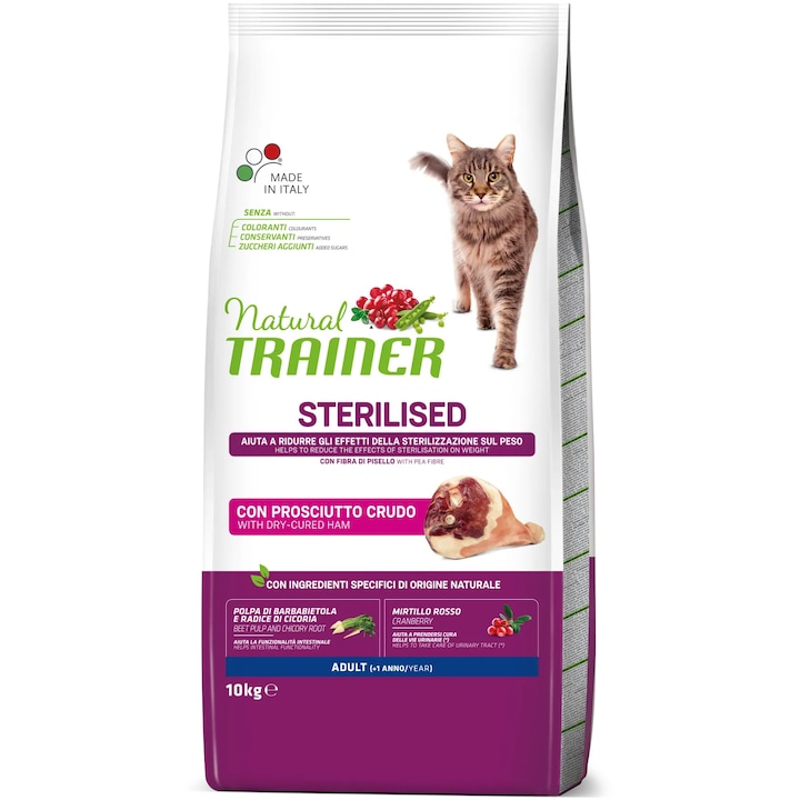 Суха храна за котки Natural Trainer, Sterilized, Prosciutto Crudo, 10 кг