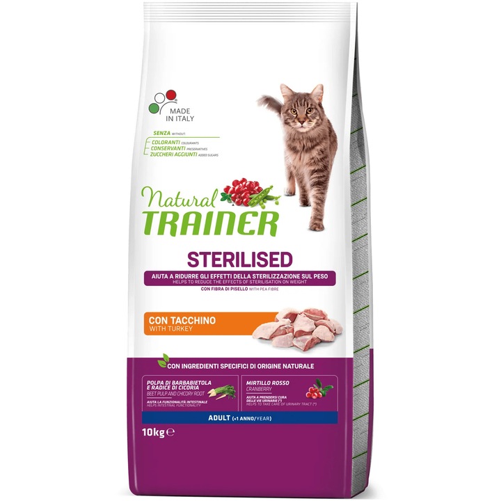 Суха храна за котки Natural Trainer, Sterilized, Пуешко, 10 кг