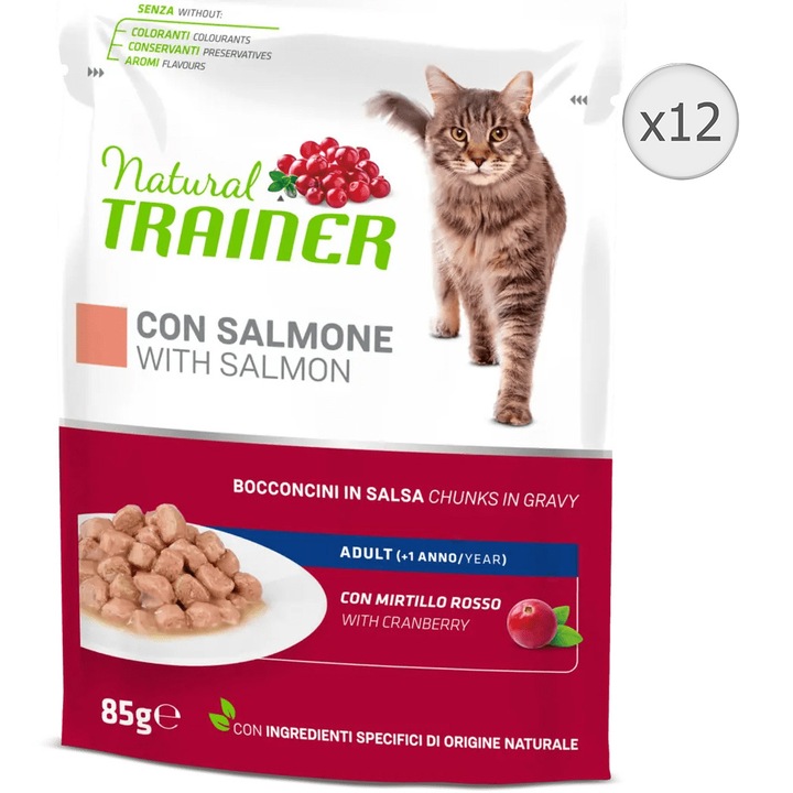 Мокра храна за котки Natural Trainer, Сьомга, 12 х 85 гр