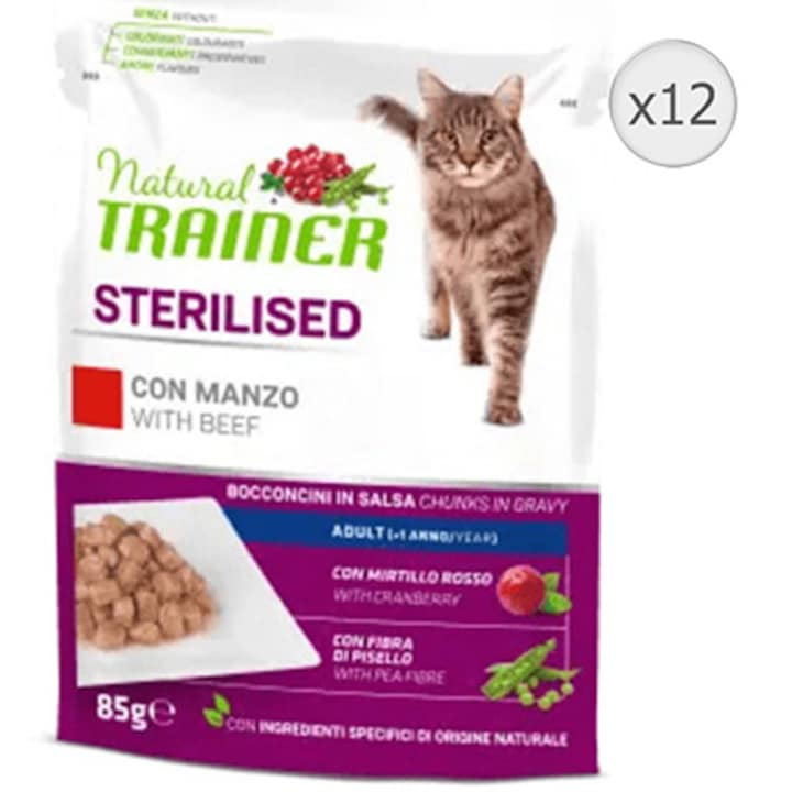 Мокра храна за котки Natural Trainer, Говеждо и червена боровинка, 12 х 85 гр
