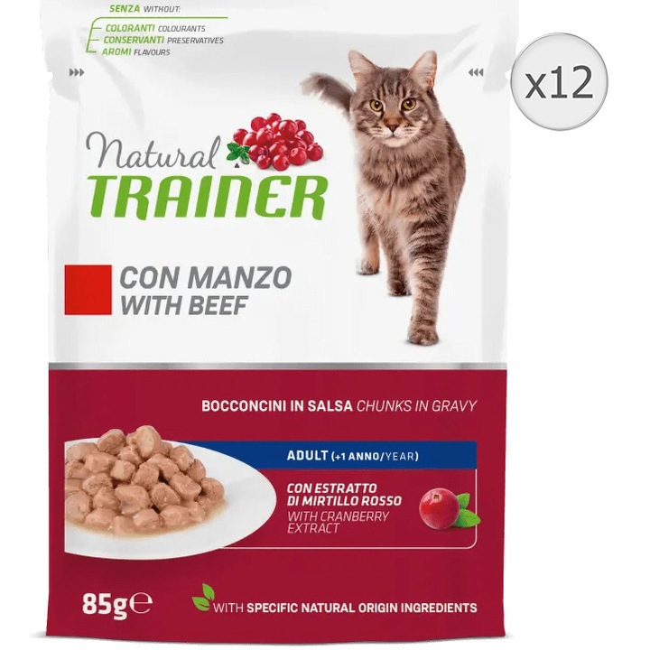 Мокра храна за котки Natural Trainer, Говеждо, 12 x 85 гр