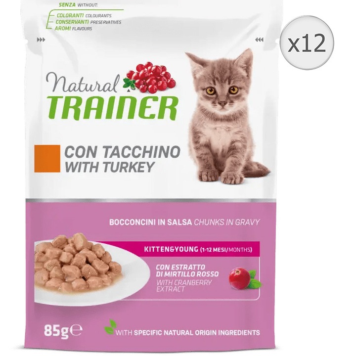 Мокра храна за котки Natural Trainer, Пуешко, 12 х 85 гр