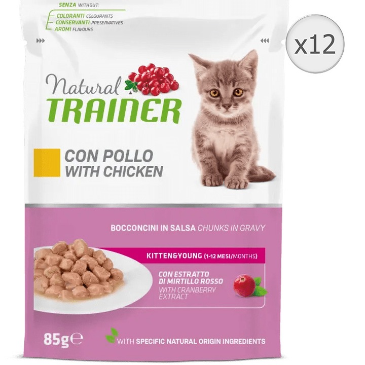 Мокра храна за котки Natural Trainer, Пиле, 12 х 85 гр
