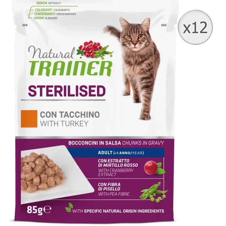 Мокра храна за котки Natural Trainer Sterilized, Пуешко, 12 x 85 гр