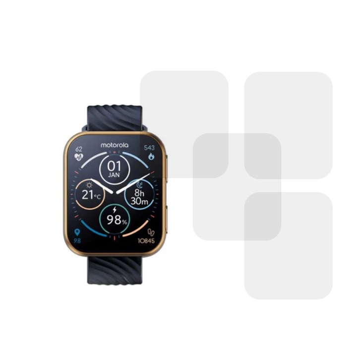 Комплект от 4 фолиа, съвместими с Motorola Moto Watch 200, Commando Shield Full Glue, регенерируем силиконов хидрогел, противоударно и против счупване, SlimLine NanoShield, прозрачен