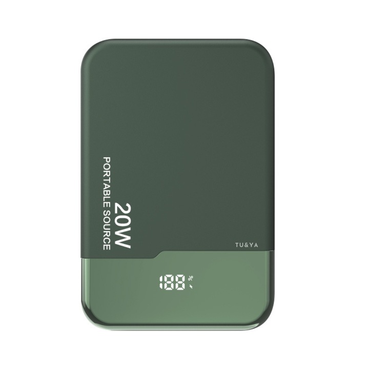 Acumulator Extern Magnetic Portbabil, Wireless TU&YA®, Incarcare wireless, Universala si pentru Tigara electronica prin cablu USB, Magsafe, Fast Charge 15W, Capacitate 10.000 mAh, Verde