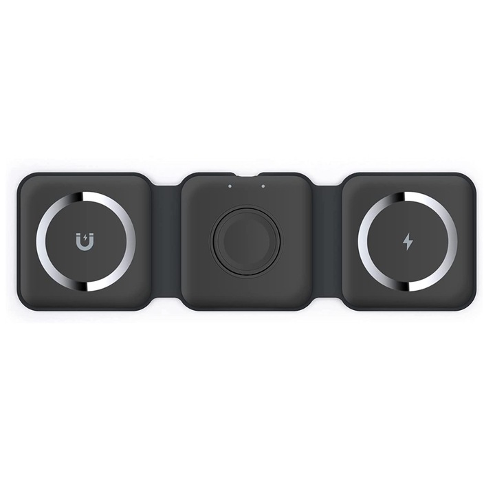 Incarcator Wireless 3 in 1 Magnetic, Portabil, Pliabil fara fir, Fast Charge 15 W, Suport telefon, Compatibil iPhone, Airpods, Smartwatch Apple Negru