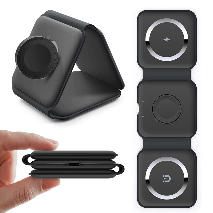 Incarcator Wireless 3 in 1 Pliabil VRSmarty™ Portabil cu incarcare rapida MagSafe QI Fast Charge 15 W, Suport telefon, Compatibil IPhone, Airpods, Smartwatch Apple, Negru
