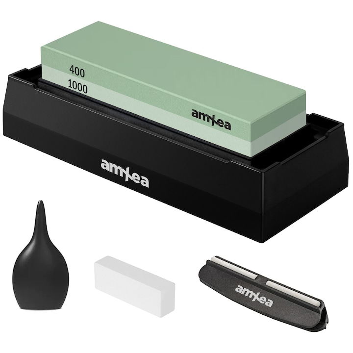 Piatra de ascutit cutite amXea 400/1000, 2 granulatii, baza antiderapanta tip cutie plastic, ghidaj unghi ascutire, pompita apa si piatra slefuire, suport cauciuc negru