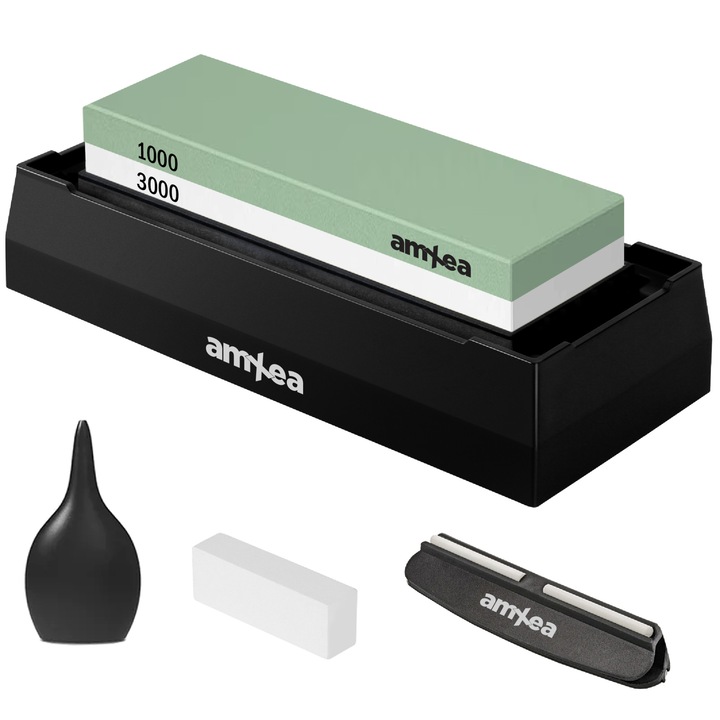 Камък за заточване на ножове AmXea 1000/3000, 2 зърна, неплъзгаща се пластмасова основа тип кутия, водач за ъгъл на заточване, водна помпа и шлифовъчен камък, черна гумена опора