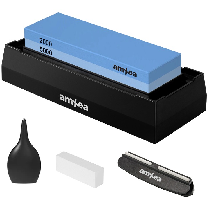 Piatra de ascutit cutite amXea 2000/5000, 2 granulatii, baza antiderapanta tip cutie plastic, ghidaj unghi ascutire, pompita apa si piatra slefuire, suport cauciuc negru