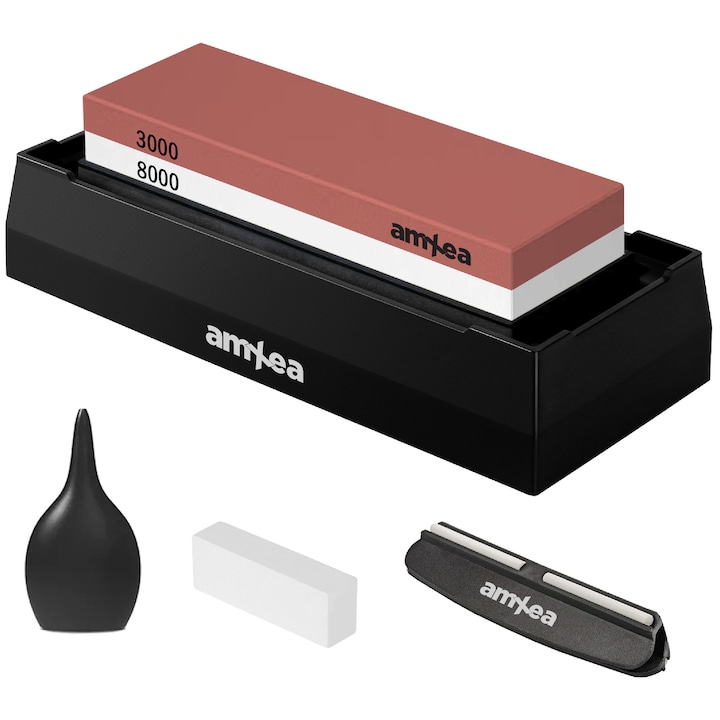 Piatra de ascutit cutite amXea 3000/8000, 2 granulatii, baza antiderapanta tip cutie plastic, ghidaj unghi ascutire, pompita apa si piatra slefuire, suport cauciuc negru