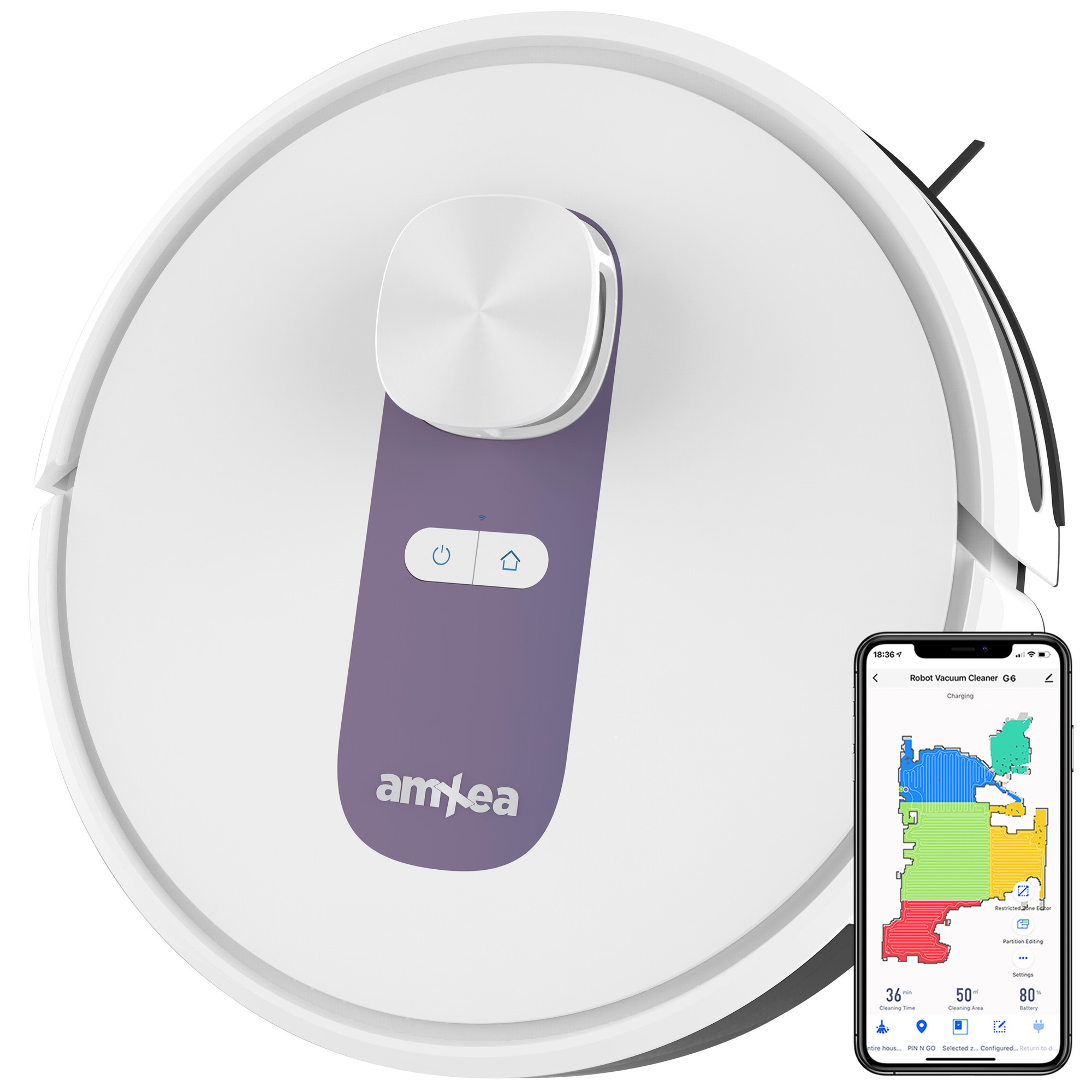 Aspirator robot amXea G6RM Alb-Violet, colector de praf automat extern, navigare laser, Wi-Fi app, smart memory, multi-suprafete, curatare uscata cu spalare, perie centrala