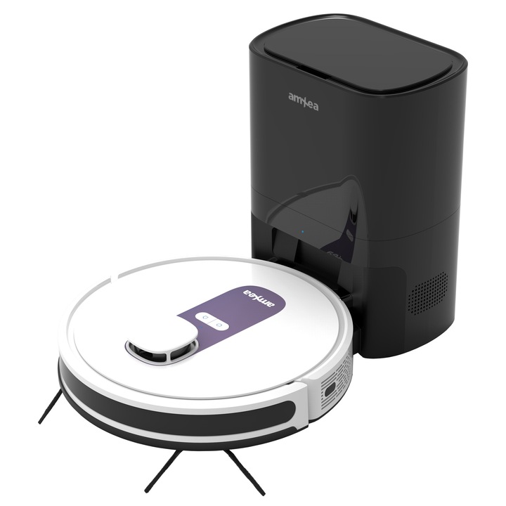 Aspirator robot amXea G6RM Alb-Violet, colector de praf automat extern, navigare laser, Wi-Fi app, smart memory, multi-suprafete, curatare uscata cu spalare, perie centrala