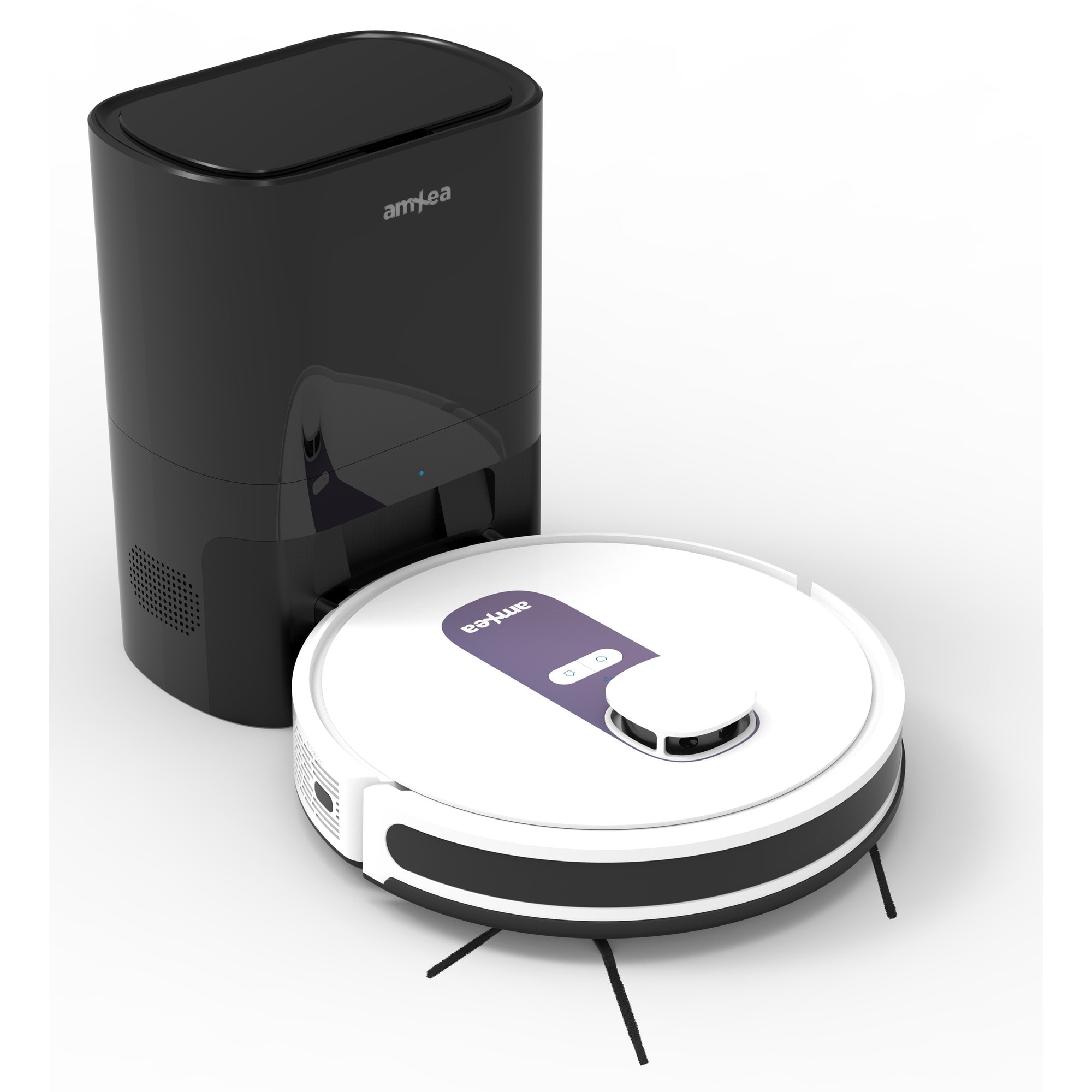 Aspirator robot amXea G6RM Alb-Violet, colector de praf automat extern, navigare laser, Wi-Fi app, smart memory, multi-suprafete, curatare uscata cu spalare, perie centrala