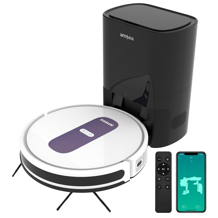 Aspirator robot amXea G1RM Alb-Violet, colector de praf automat extern 2.8L, navigare giroscopica, Wi-Fi app, smart memory, multi-suprafete, curatare uscata cu spalare, perie centrala