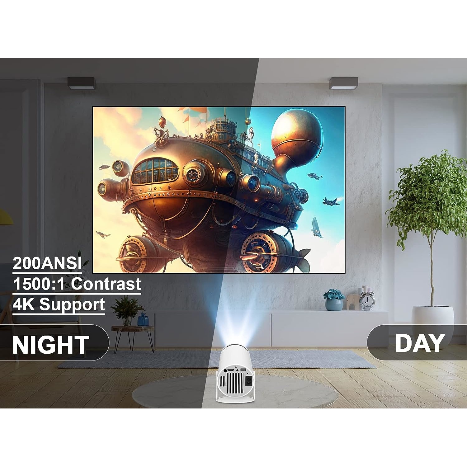 Mini videoproiector portabil Smart 4k, 200 ANSI, Wi-Fi 6, Bluetooth 5.0,  ecran de 130 inch, cu sistem de operare Android TV 11.0, rotire la 180°,  rezolutie pana la 3840x2160, Auto Keystone, contrast