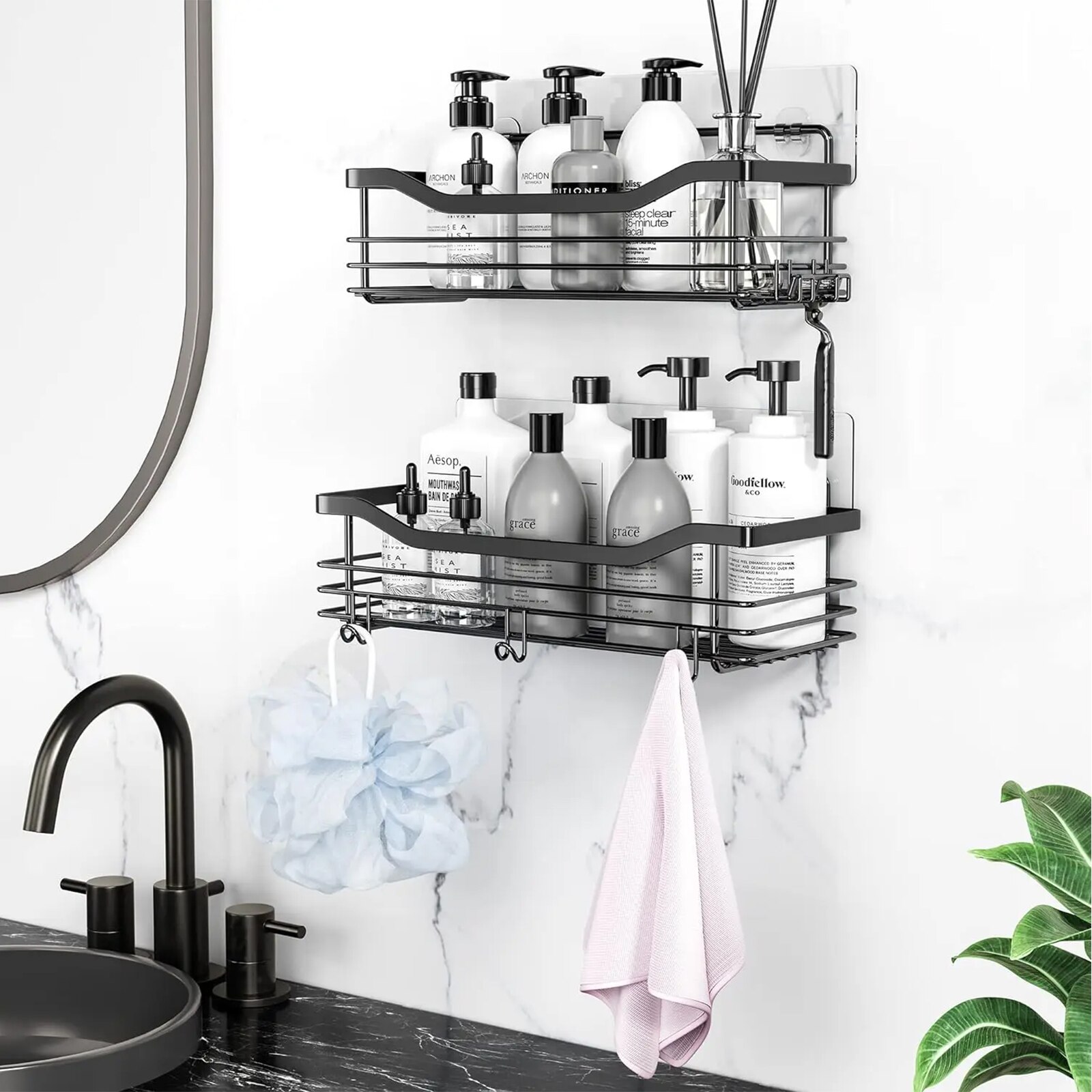 Set rafturi baie cu 5 carlige, NUODWELL, 2 Piese, Rezistent la apa si ...