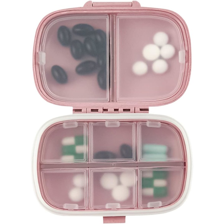 Cutie organizator medicamente, recipiente detasabile cu 8 compartimente, Roz