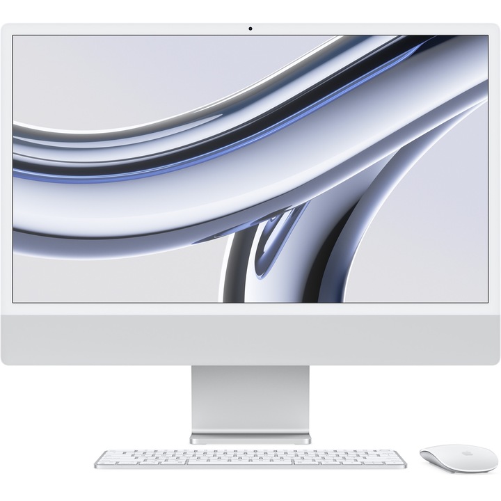Sistem Desktop PC iMac 24" (2023) cu procesor Apple M3, 8 nuclee CPU si 8 nuclee GPU, 24", Retina 4.5K, 256GB SSD, Silver, INT KB
