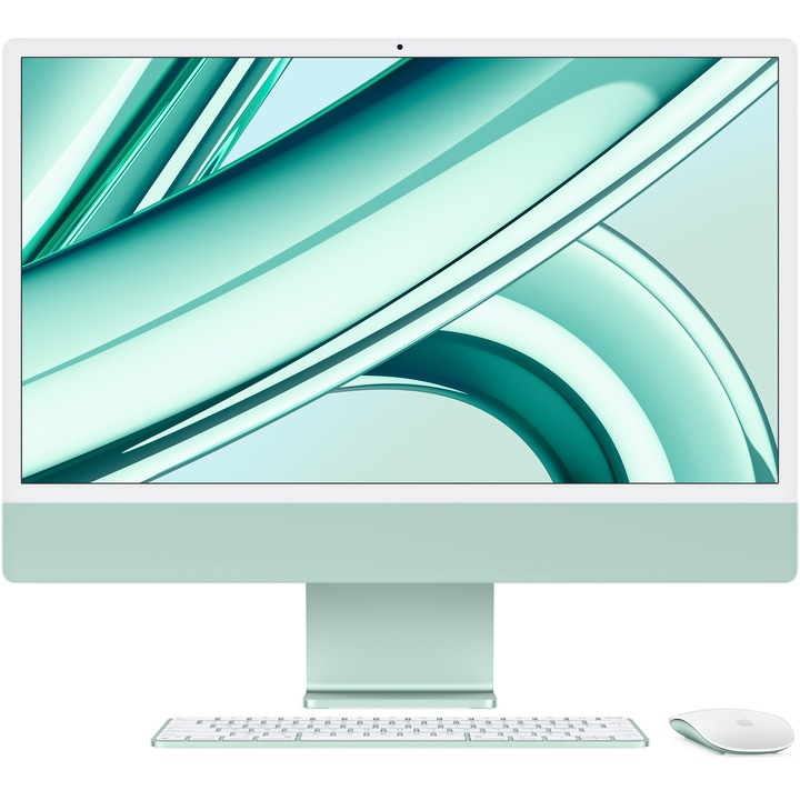 Sistem Desktop PC iMac 24" (2023) cu procesor Apple M3, 8 nuclee CPU si 8 nuclee GPU, 24", Retina 4.5K, 256GB SSD, Green, INT KB