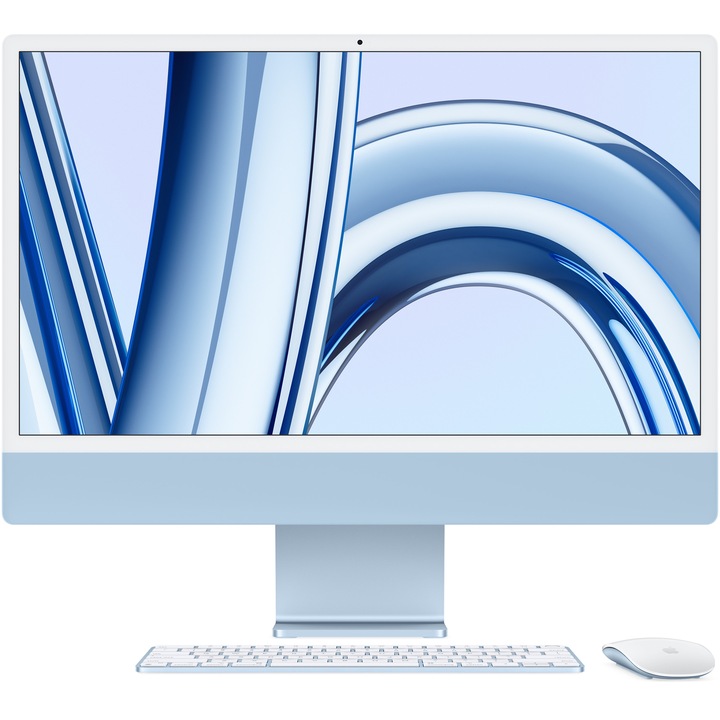 Sistem Desktop PC iMac 24" (2023) cu procesor Apple M3, 8 nuclee CPU si 10 nuclee GPU, 24", Retina 4.5K, 256GB SSD, Blue, INT KB