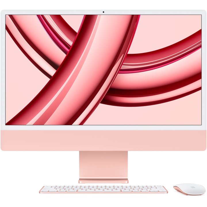 Sistem Desktop PC iMac 24" cu procesor Apple M3, 8 nuclee CPU si 8 nuclee GPU, 24", Retina 4.5K, 16GB, 512GB SSD, Pink, INT KB