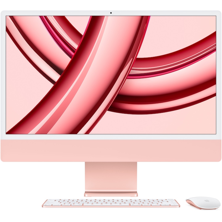 Sistem Desktop PC iMac 24" cu procesor Apple M3, 8 nuclee CPU si 10 nuclee GPU, 24", Retina 4.5K, 16GB, 512GB SSD, Pink, INT KB