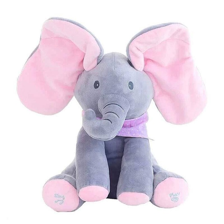 Elefantel de plus interactiv, PROCART, canta si isi misca urechile, jucarie Peek a Boo