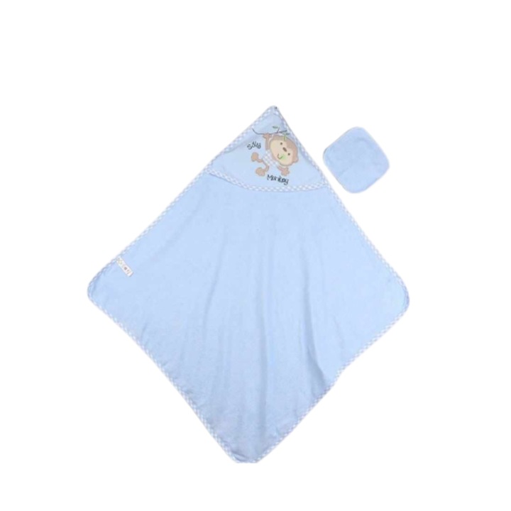 Set Prosop bebe si manusa, Model animalut, 85x85 cm, bumbac 100%, Albastru Nautic