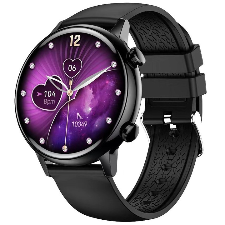 Смарт часовник ISP LikeSmart​​​​​​ CharmFiT, 1.1" AMOLED, Bluetooth повикване, SpO2 оксиметър, мониториране на сърдечната честота и кръвното налягане, известия за менструация, обаждания и социални мрежи, силиконова каишка и метална талисмана Черен