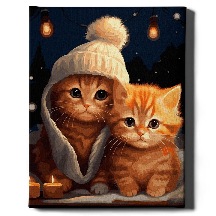 Комплект Рисуване по номера Котки - памучно платно, дървена рамка, 40x50 см О, изкуство! - 3 четки и акрилни бои