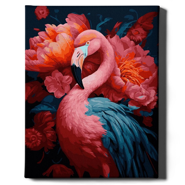 Комплект за рисуване с фламинго по номера - памучно платно, дървена рамка, 40x50 см О, изкуство! - 3 четки и акрилни бои