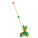 Jucarie de impins din lemn pentru copii Ikonka Green Frog, dotata cu 2 roti, dimensiune 46 x 8 x 6 x 11 cm