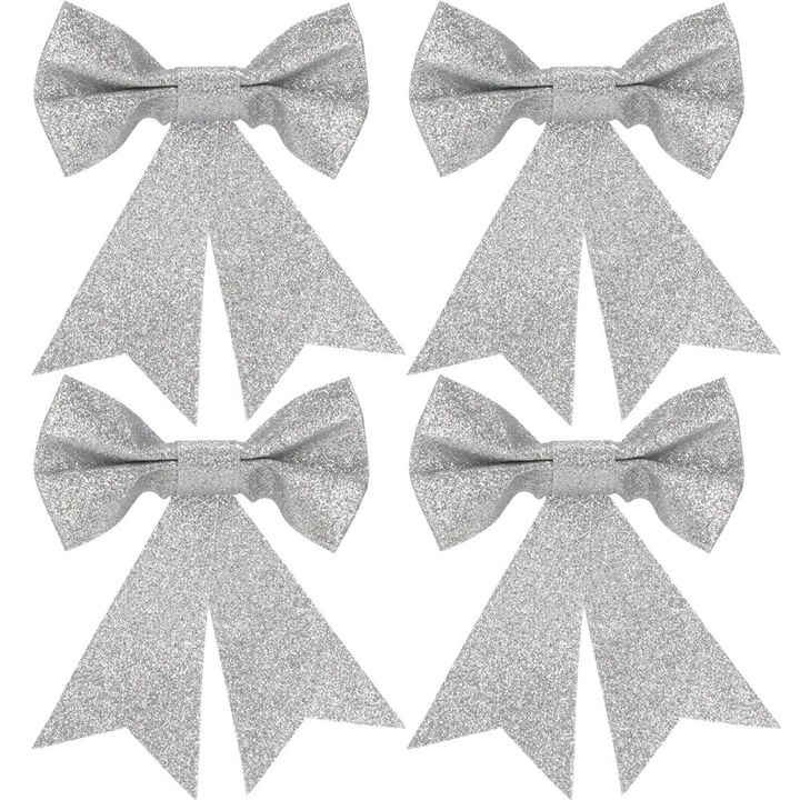 Set 4 ornamente pentru bradul de Craciun, fundita, 13cm, argintiu