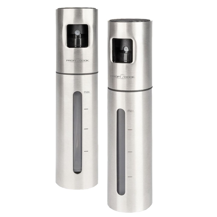 Комплект от 2 дозатора с пръскачка за олио/оцет ProfiCook, капацитет 100 ml, оптимална дозировка, материал от неръждаема стомана, прозорче за наблюдение, лесно зареждане, лесно почистване, включена фуния, неръждаема стомана