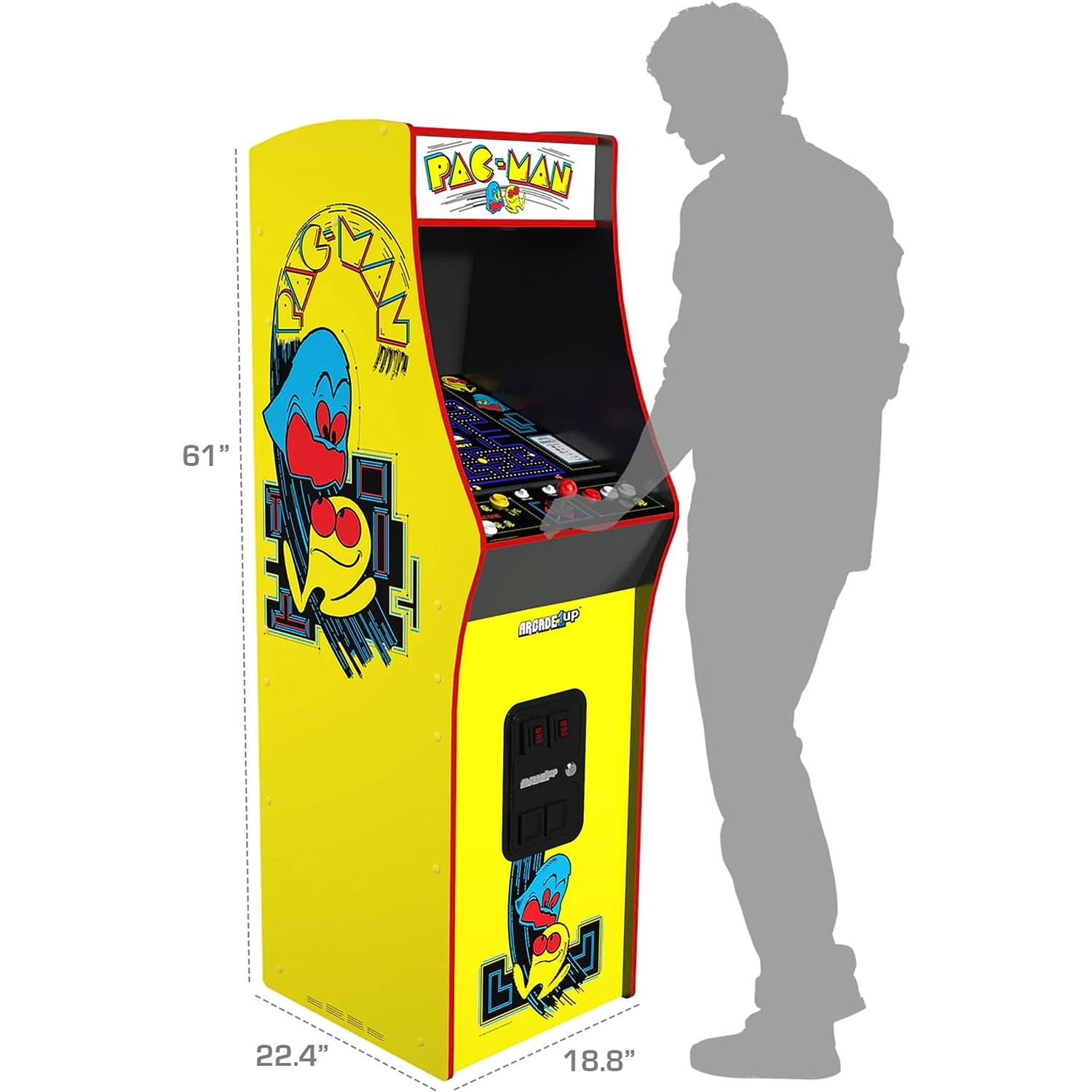 Consola verticala 14 jocuri ARCADE1UP, PAC-MAN Deluxe, H 155 cm, single player, Wi-Fi leaderboards, iluminare Marquee, display color 17 inch, difuzor extern dual, multicolor