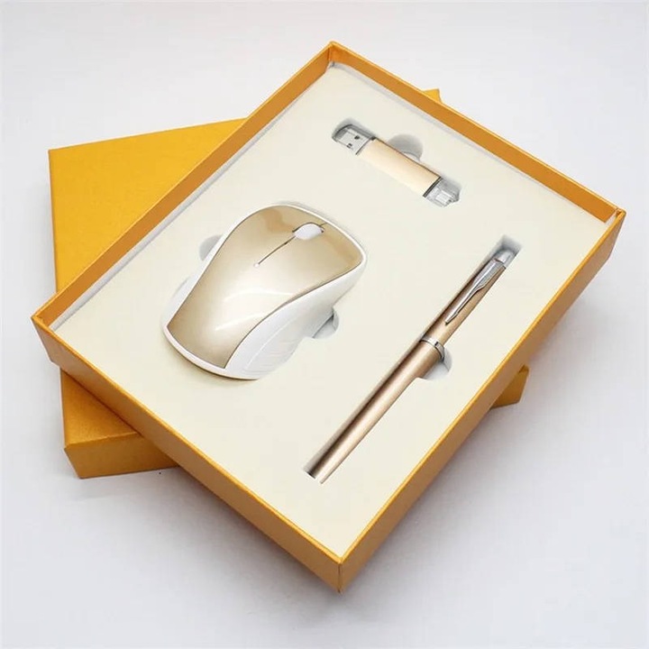 Елегантен комплект с включени безжична мишка, писалка и USB, в златист цвят, елегантна опаковка