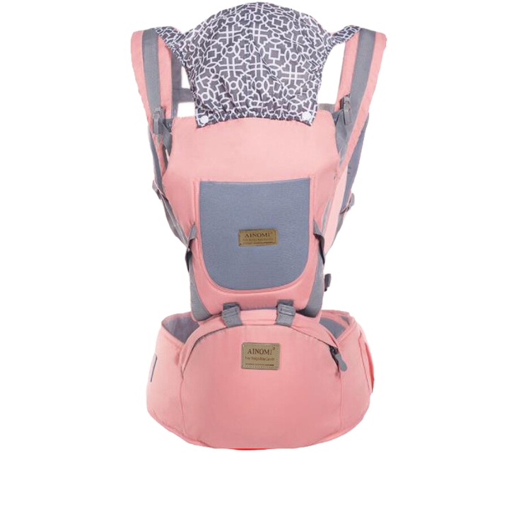 Marsupiu ergonomic roz pentru transportul bebelusului cu 3 pozitii de purtare si 3 pozitii de asezare, bumbac 100%, 0-20kg, impermeabil la apa, ploaie, waterproof