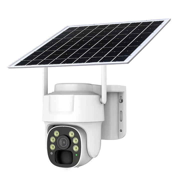Camera de Supraveghere WIFI cu Panou Solar, Acumulatori Inclusi, Rezolutie 4MP, Exterior/Interior, Rotire din Aplicatie, IP66, Comunicare Bidirectionala, Senzor Miscare, Activare Lumina, Alarma Miscare, Micro SD inregistrare 24h, Alb