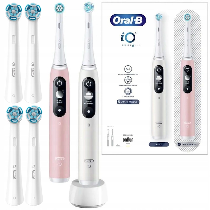 Szett, 2x Oral-B iO Series 6 DUO elektromos fogkefe, fehér, rózsaszín, 4x Ultimate Clean