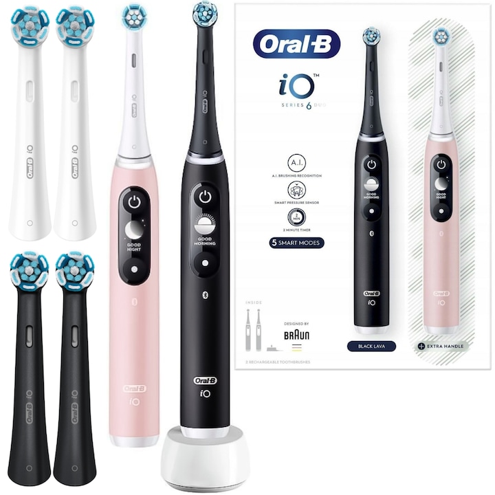 Szett, 2 db Oral-B iO Series 6 DUO elektromos fogkefe, fehér, fekete, 4 db Ultimate Clean