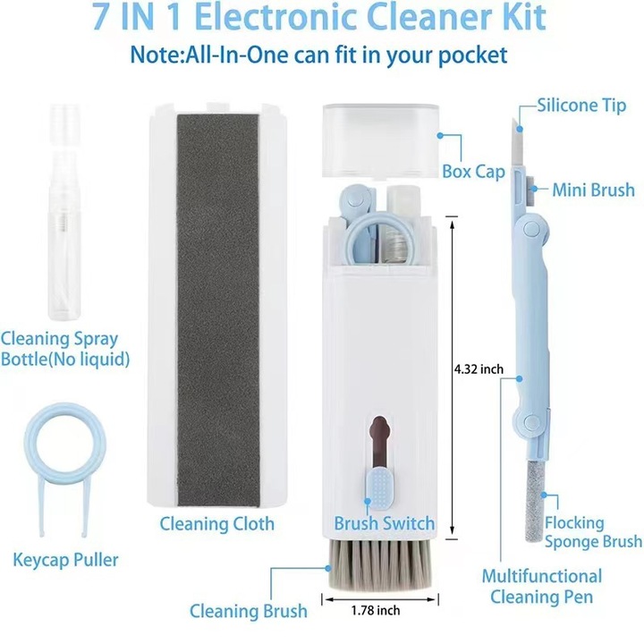 Kit Multifunctional de Curatare Produse Electronice 7 in 1, Chigoods, pentru laptop, tastatura, telefon, casti, Albastru