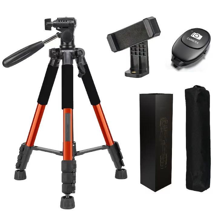 Trepied profesional din aluminiu cu cap 3-Way si sistem Quick Release, MOSMAOO®, pentru telefon/camera foto/GoPro, telecomanda, ajustabil, H46-140 cm, aluminiu, Portocaliu