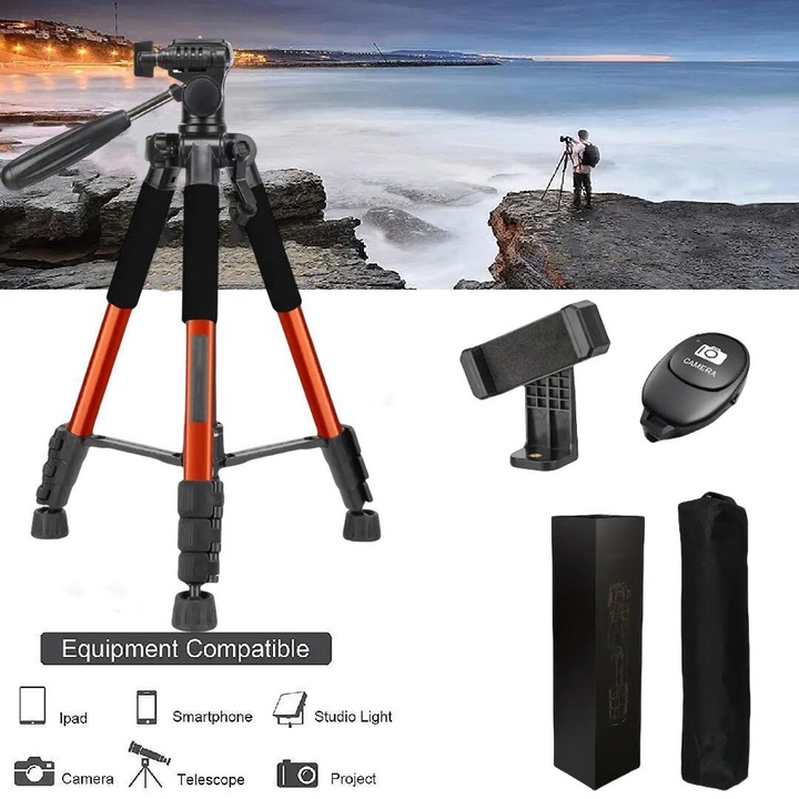Professzionális alumínium állvány 3-irányú fejjel és Quick Release rendszerrel, MOSMAOO®, telefonhoz/fényképezőgéphez/GoPro-hoz, távirányító, állítható, H46-140 cm, alumínium, Fekete