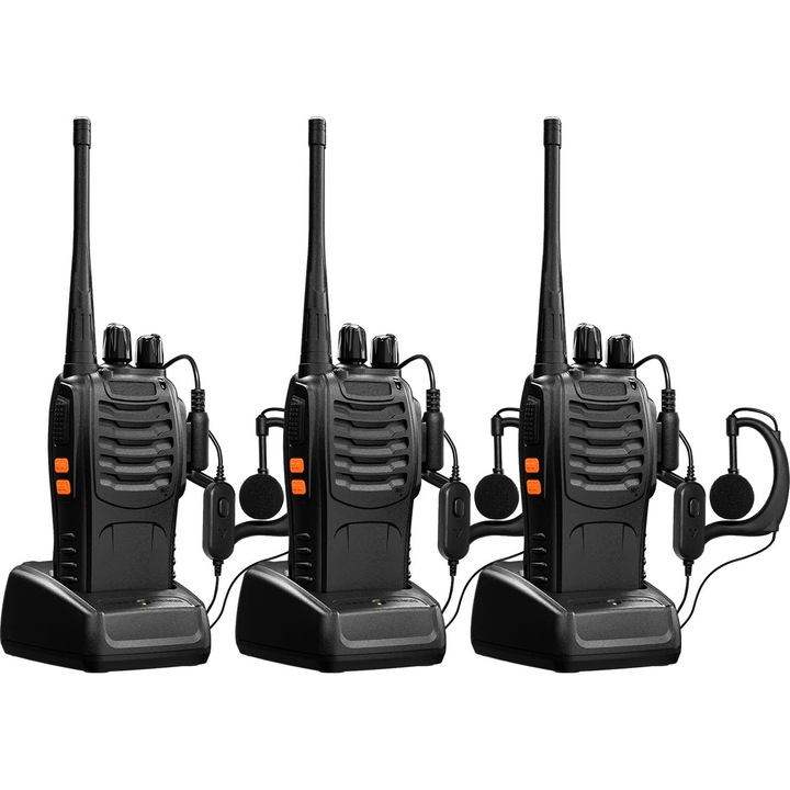 Комплект от 3x преносими радиостанции BF-888S, Walkie Talkie MOSMAOO®, Разпространение на вълни 1-10km, Включени аксесоари, Фенерче, програмирано в 16 PMR канала, Черен