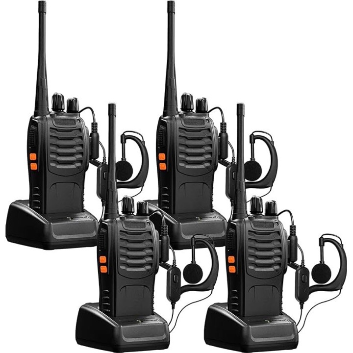 Комплект от 4 преносими радиостанции BF-888S, MOSMAOO®, Walkie Talkie, програмиран в 16 PMR канала, Разпространение на вълната 1-10km, Включени аксесоари, Фенерче, Черен